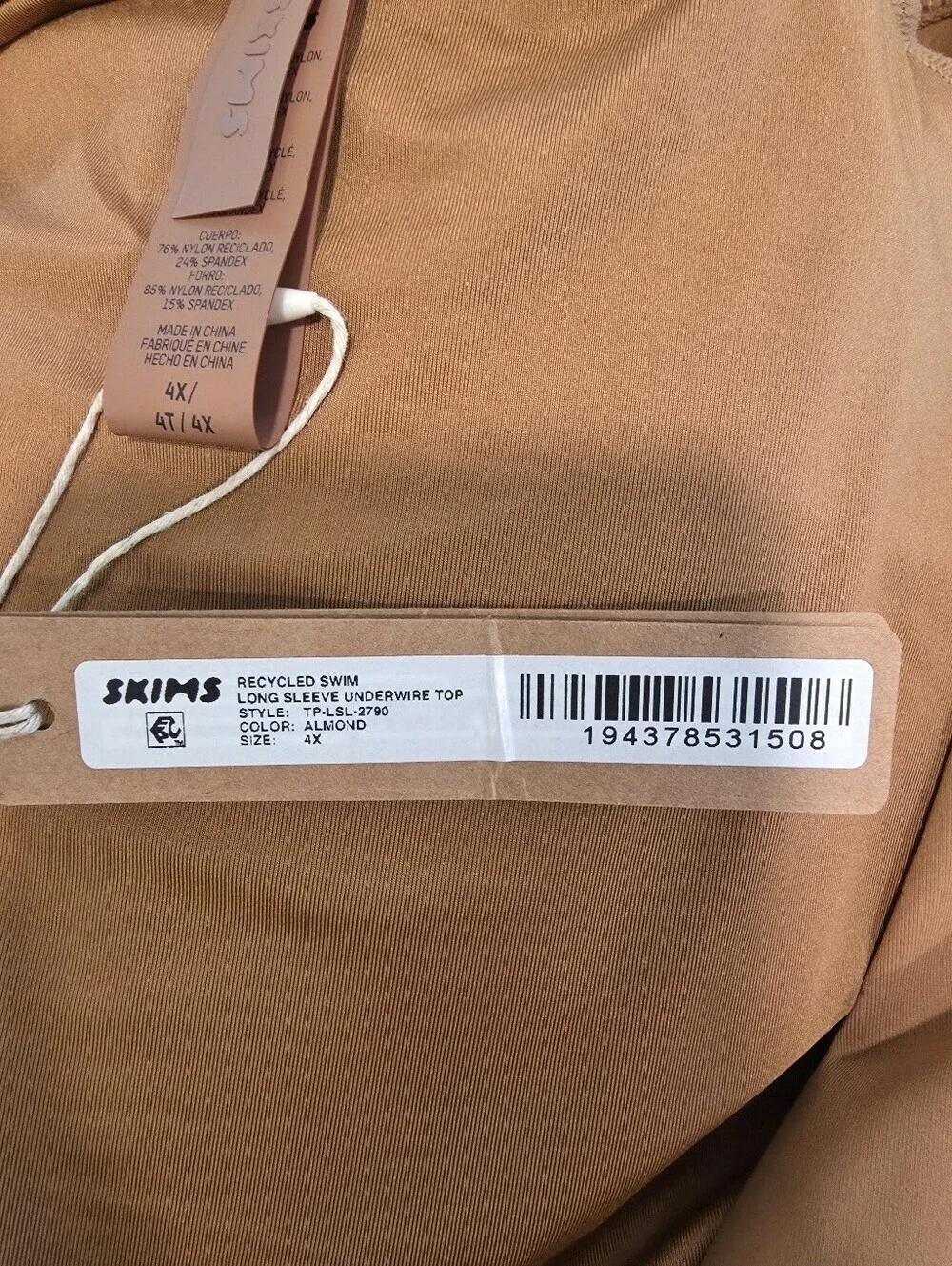 Skims Swim Long Sleeve Underwire Top in Almond -NWT